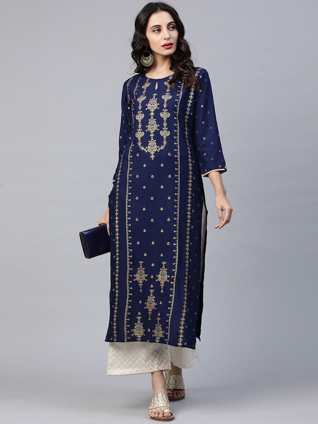 Dhiyona IE Women Blue & Gold-Toned Printed A-Line Kurta