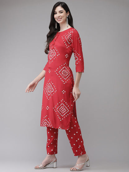 Dhiyona IS Women's Women Red Bandhani Printed Regular Kurta with Trousers & With Dupatta