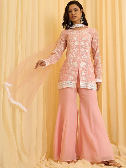 Dhiyona CH Women Floral Embroidered Regular Thread Work Kurta with Sharara & With Dupatta