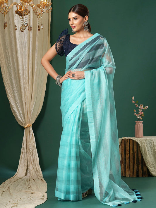 Women's Net Navy Blue Woven Design Designer Saree With Blouse Piece