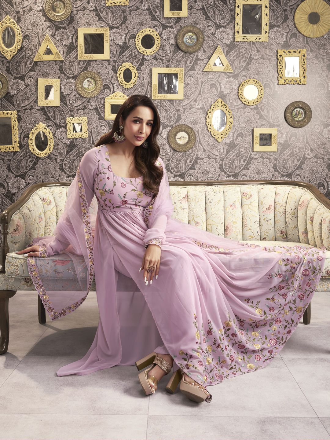 Dhiyona IN Pink Floral Embroidered Square Neck Georgette A-Line Kurta with Palazzo & Dupatta