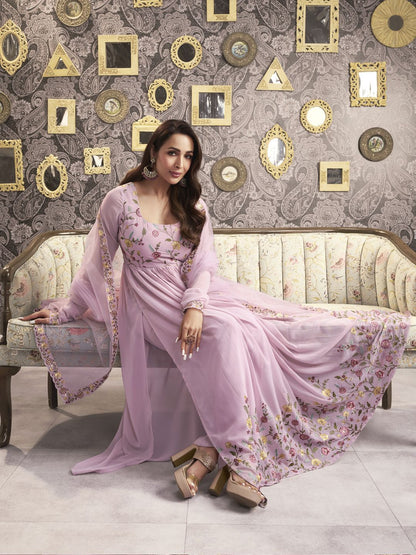 Dhiyona IN Pink Floral Embroidered Square Neck Georgette A-Line Kurta with Palazzo & Dupatta