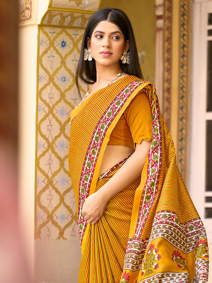 Women's Bhagalpuri Silk Mustard Printed Designer Saree With Blouse Piece
