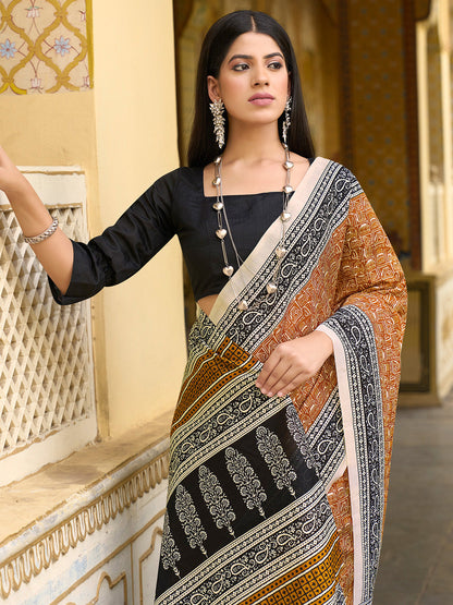 Women's Bhagalpuri Silk Mustard Printed Designer Saree With Blouse Piece
