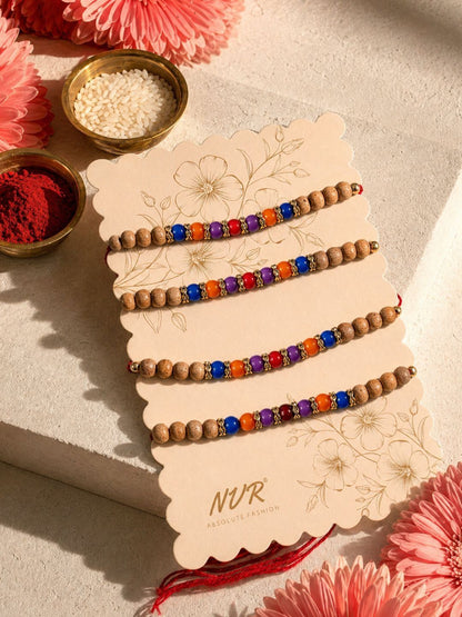 Dhiyona Set Of 4 Multicolor Circular Beads Studded Thread Rakhi With Roli Chawal Chandan