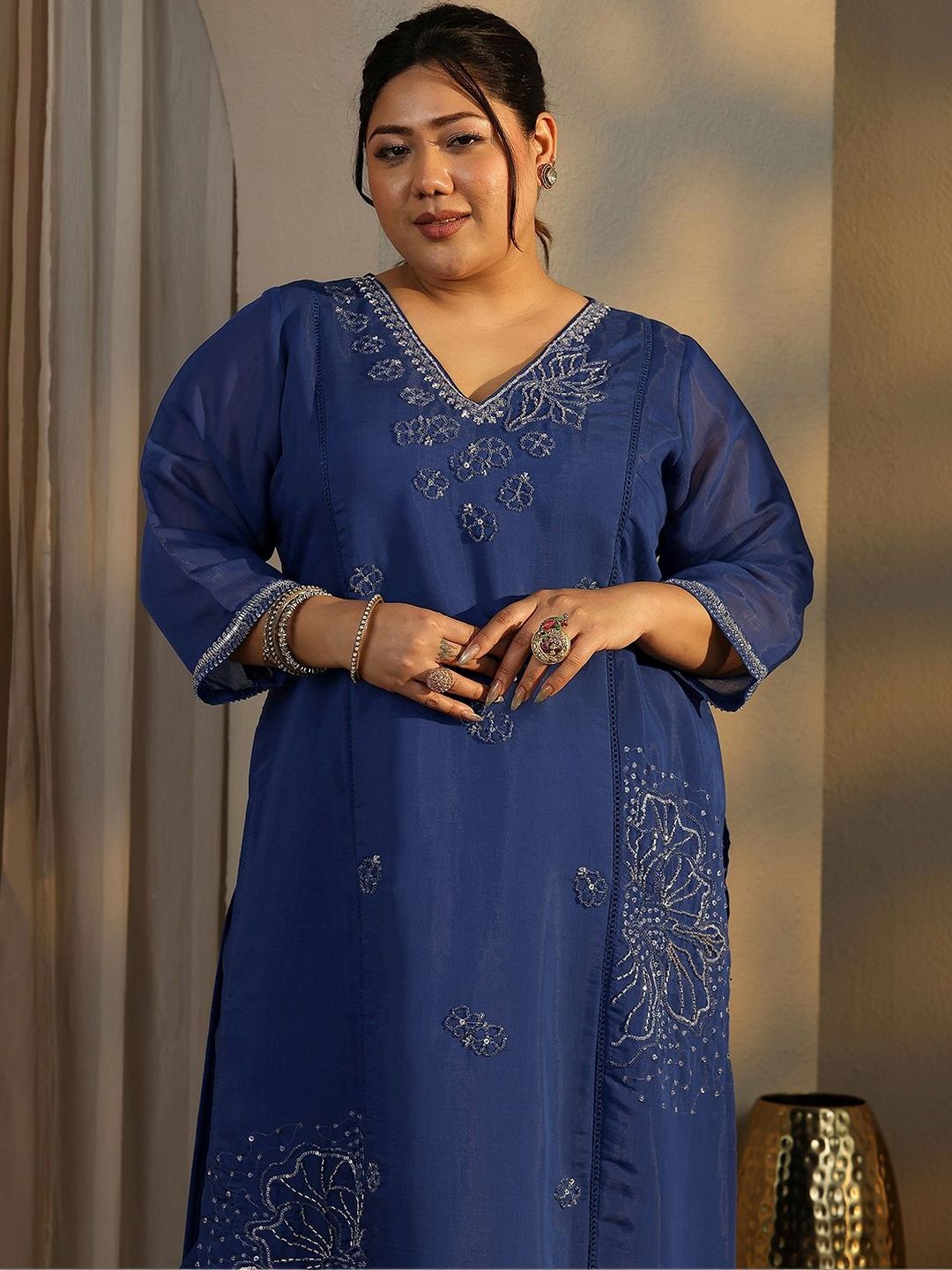 Dhiyona Women's Plus Size Ethnic Motifs Embroidered Kurta with Trouser & Dupatta