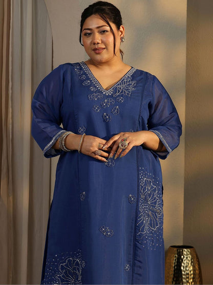 Dhiyona Women's Plus Size Ethnic Motifs Embroidered Kurta with Trouser & Dupatta