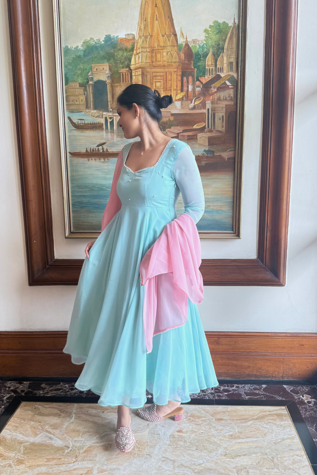 Dhiyona ST 3 pc Suit Set -Light Blue Pearl Edge Georgette 3/4th Sleeve Anarkali with Pink Dupatta and Pants