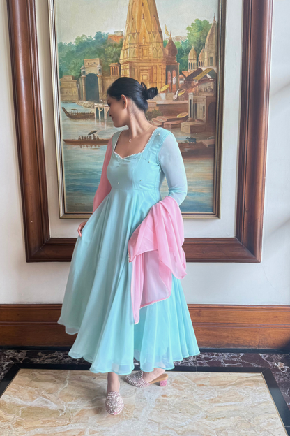 Dhiyona ST 3 pc Suit Set -Light Blue Pearl Edge Georgette 3/4th Sleeve Anarkali with Pink Dupatta and Pants