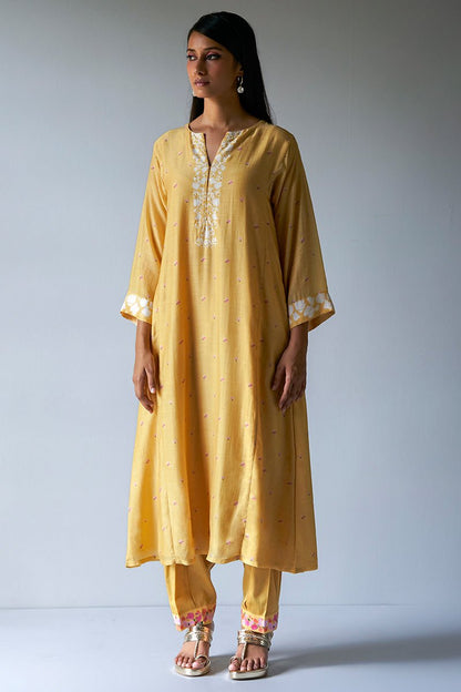 Women's Yellow Bemberg Silk Printed Salwar Suit With Delicate Hand Embroidery on Top and Bottom