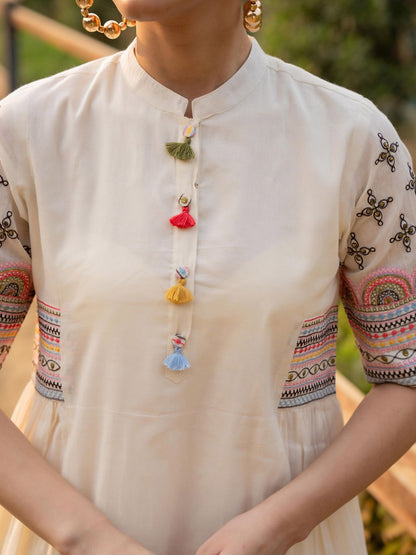 Dhiyona IE Ethnic Motifs Yoke Design Mandarin Collar Pure Cotton A-Line Kurta With Trousers