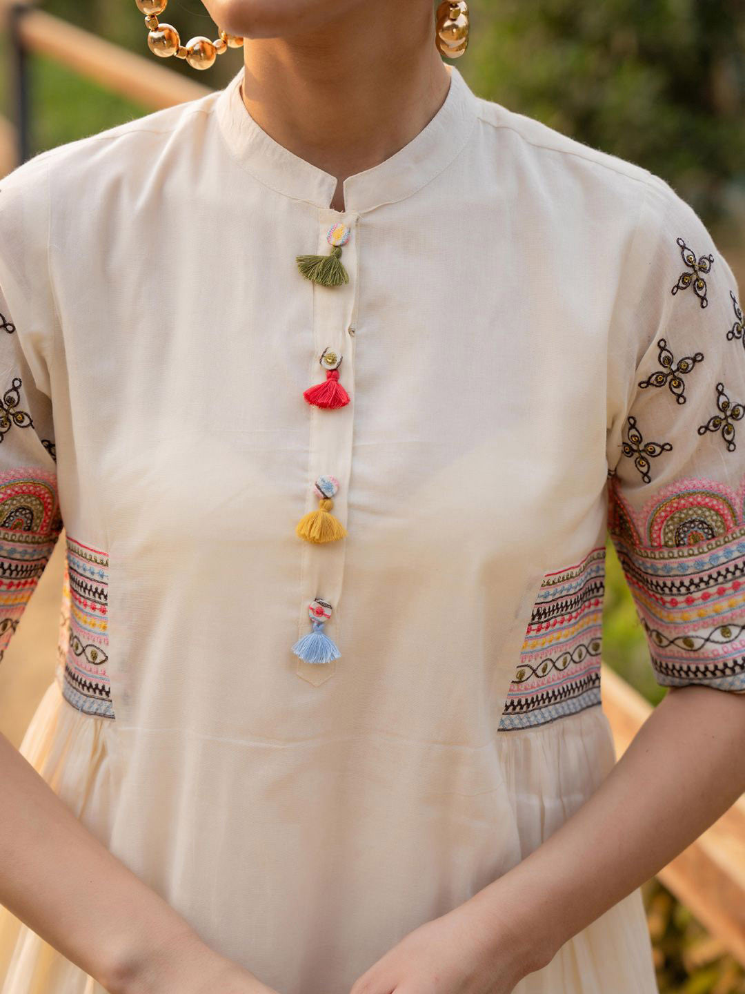 Ethnic Motifs Yoke Design Mandarin Collar Pure Cotton A-Line Kurta With Trousers