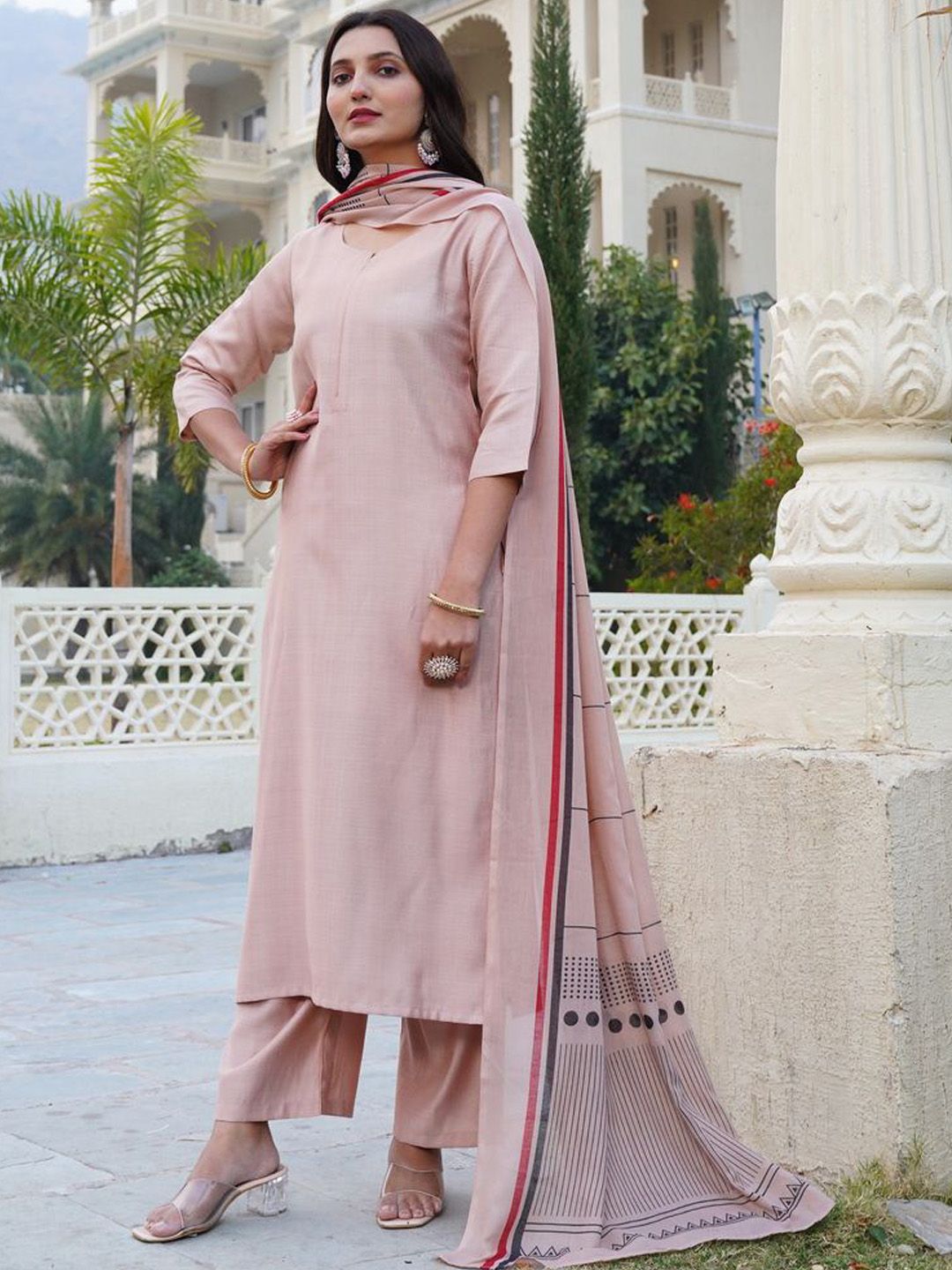 Dhiyona KL Notch Neck Straight Kurta With Palazzos And Dupatta