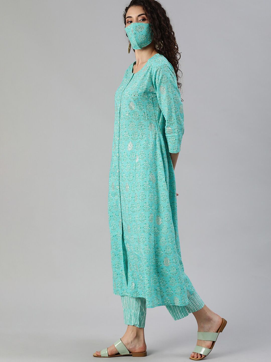 Dhiyona IS Women's Ethnic Motifs Printed Mirror Work Pure Cotton Kurta with Trousers & Mask