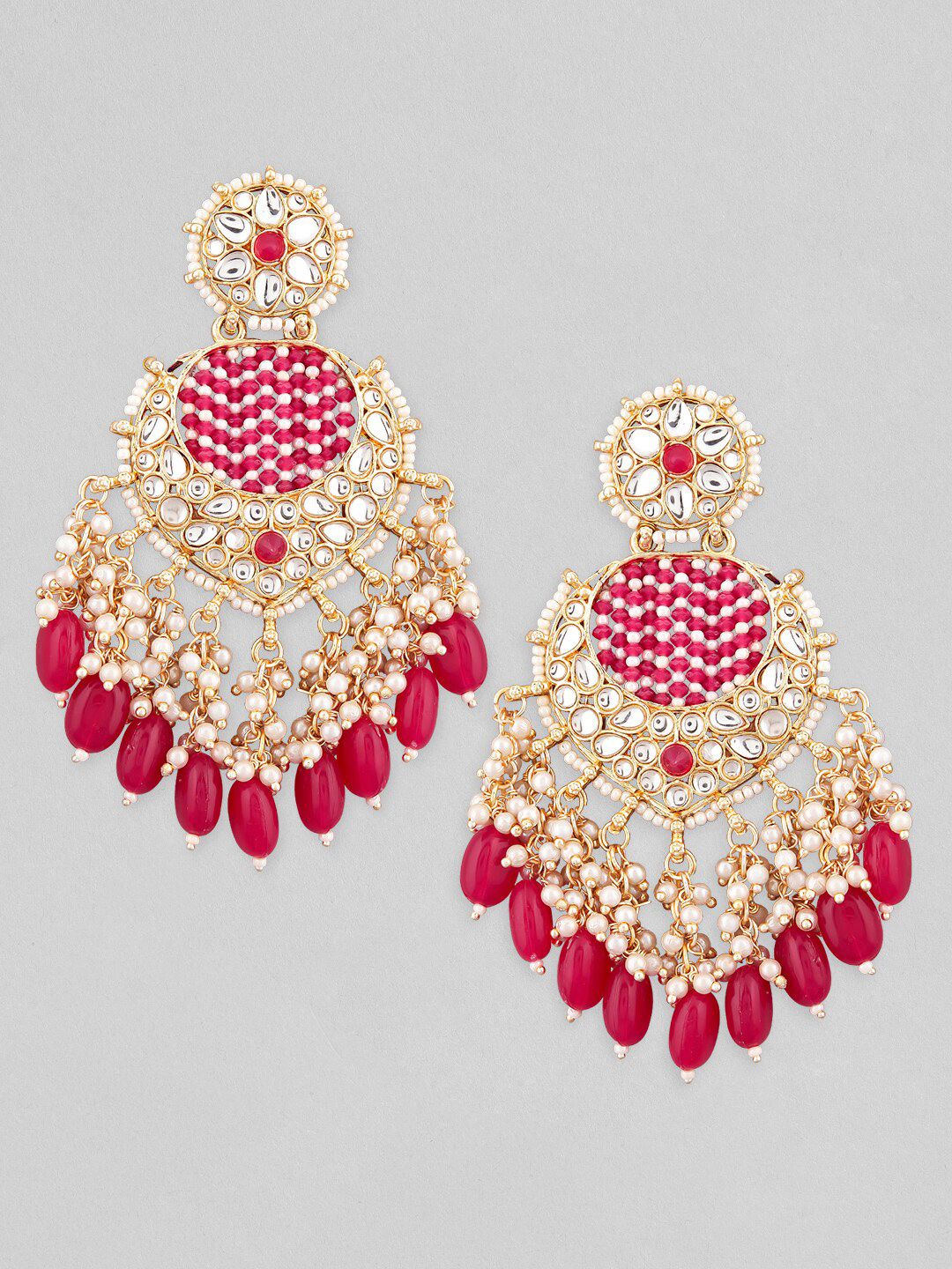 Dhiyona RJ Women's 18K Gold Plated Handcrafted Kundan & Beaded Chandelier with Red and Pearl Accents