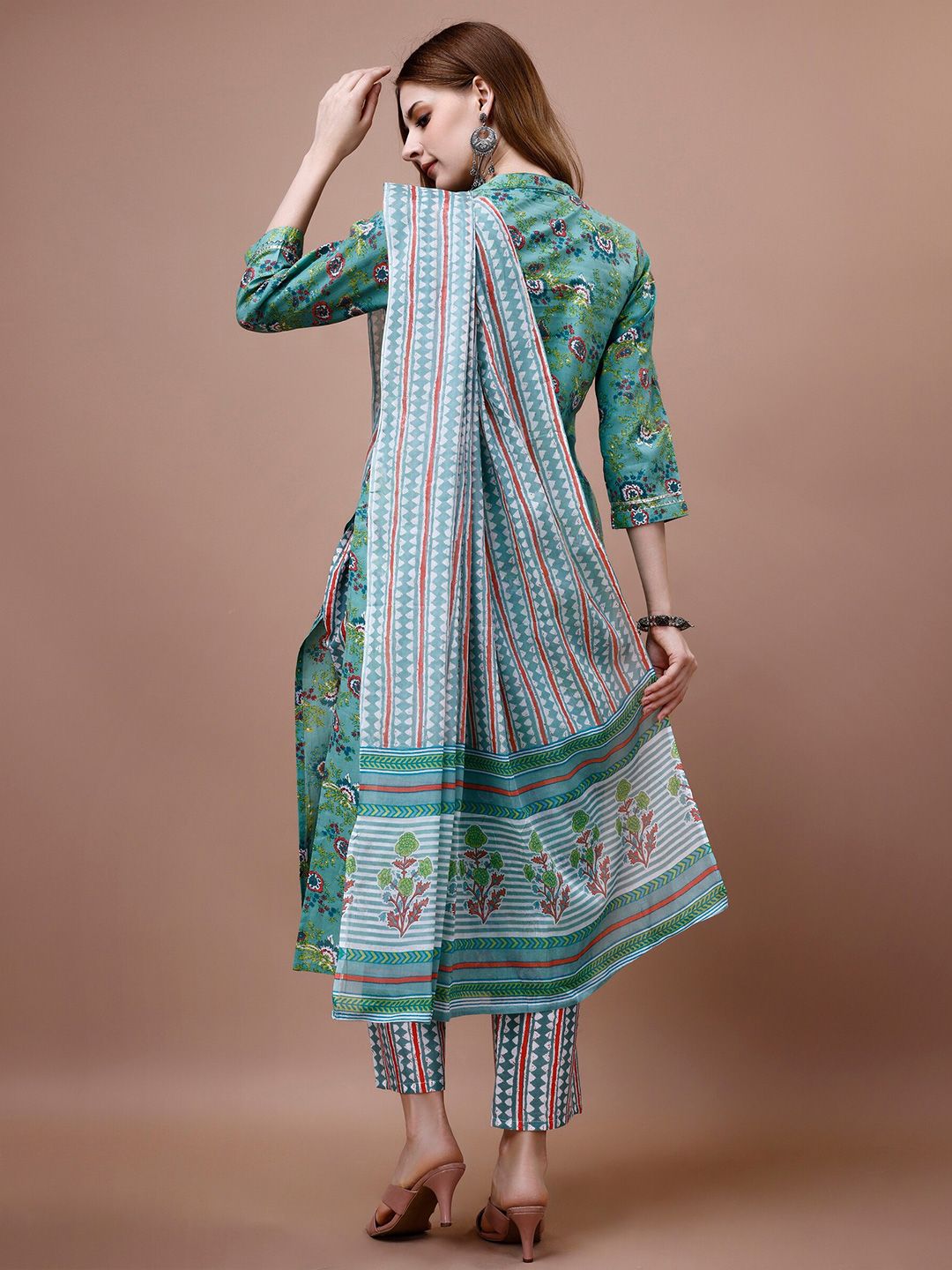 Dhiyona IS Women's Floral Printed Mandarin Collar Pure Cotton Kurta with Trousers & Dupatta