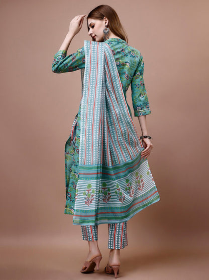 Dhiyona IS Women's Floral Printed Mandarin Collar Pure Cotton Kurta with Trousers & Dupatta