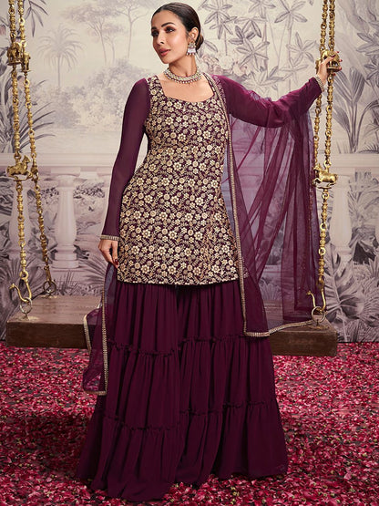 Dhiyona IN Floral Embroidered Square Neck Long Sleeve Sequinned Kurta Set With Dupatta