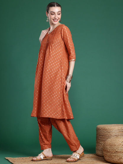 Ethnic Motifs Printed V-Neck Regular Thread Work Kurta with Patiala