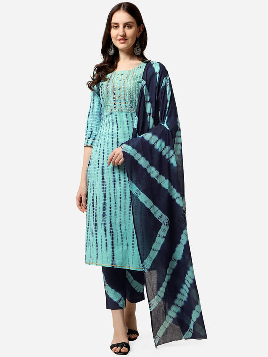 Dhiyona KL Women Turquoise Blue Striped Pleated Sequinned Kurti with Trousers & With Dupatta