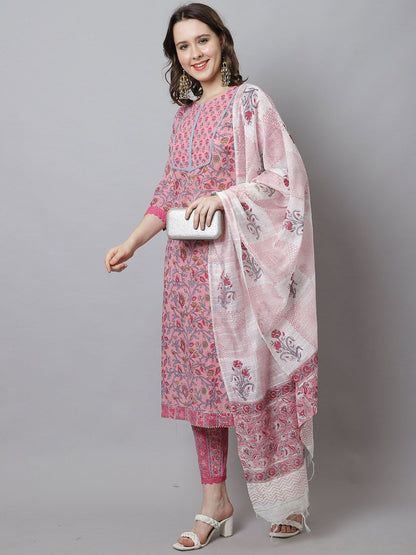 Dhiyona KL Floral Printed Round Neck Pure Cotton Straight Kurta With Trousers & Dupatta