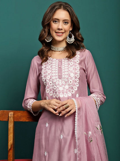 Dhiyona SN Women's Embroidered Round-Neck Kurta With Trouser & Dupatta