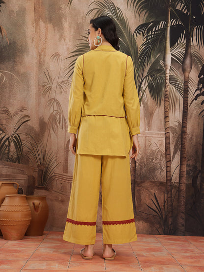 Pintucks Cotton-Linen Straight Kurti with Palazzos and Embroidered Waistcoat