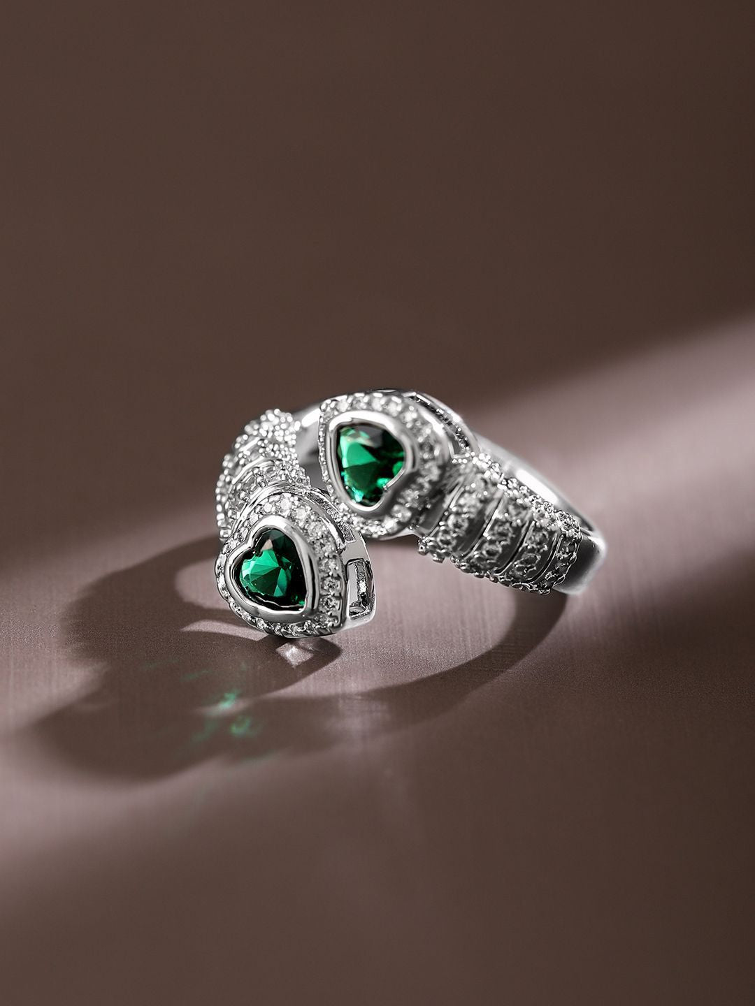 Dhiyona RJ Women's Rhodium Plated Emerald & Cubic Zirconia Studded Demi Fine Heart Motif Openable Ring