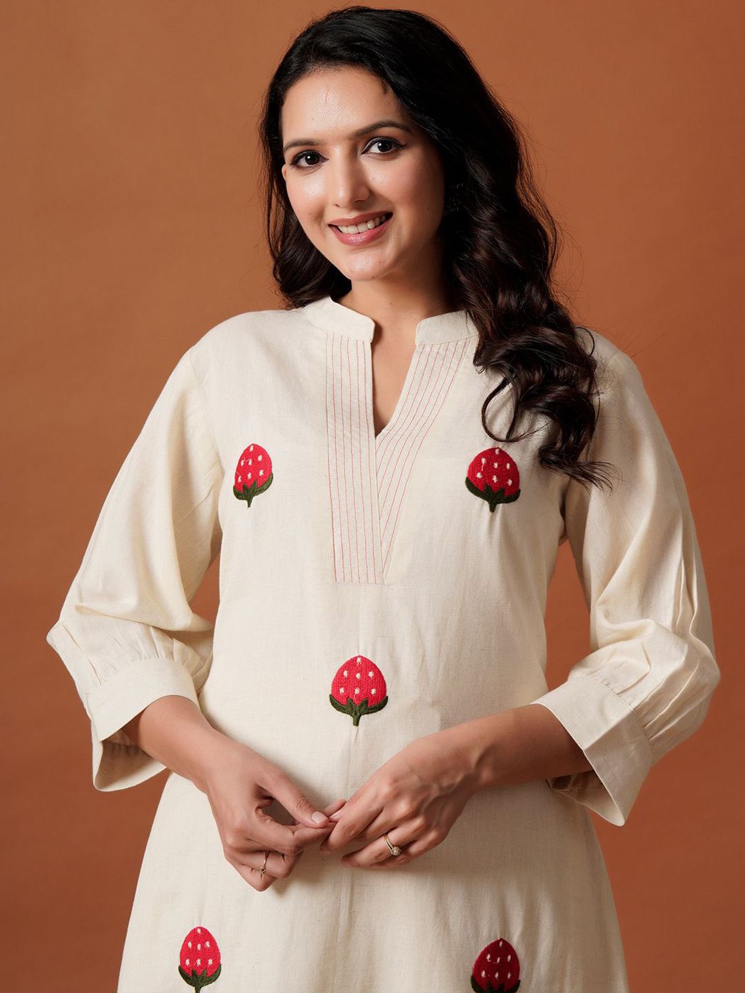 Dhiyona IE Embroidered Mandarin Collar Pure Cotton A-Line Top With Trousers