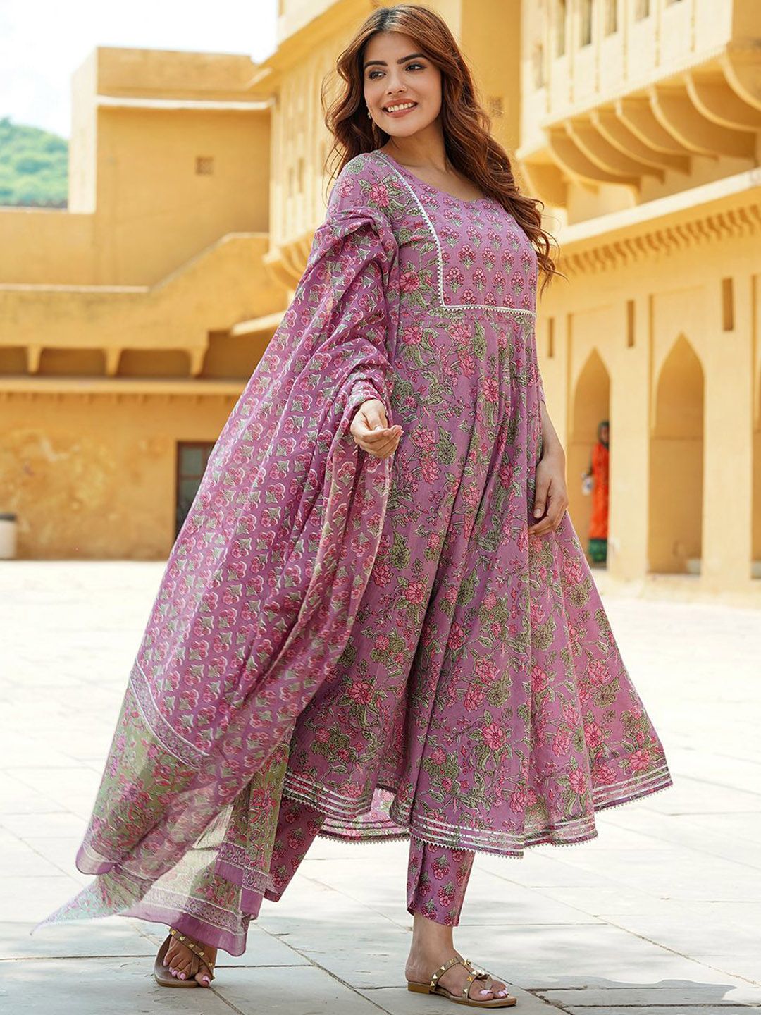 Dhiyona KL Floral Printed Gotta Patti Pure Cotton Anarkali Kurta With Trousers & Dupatta