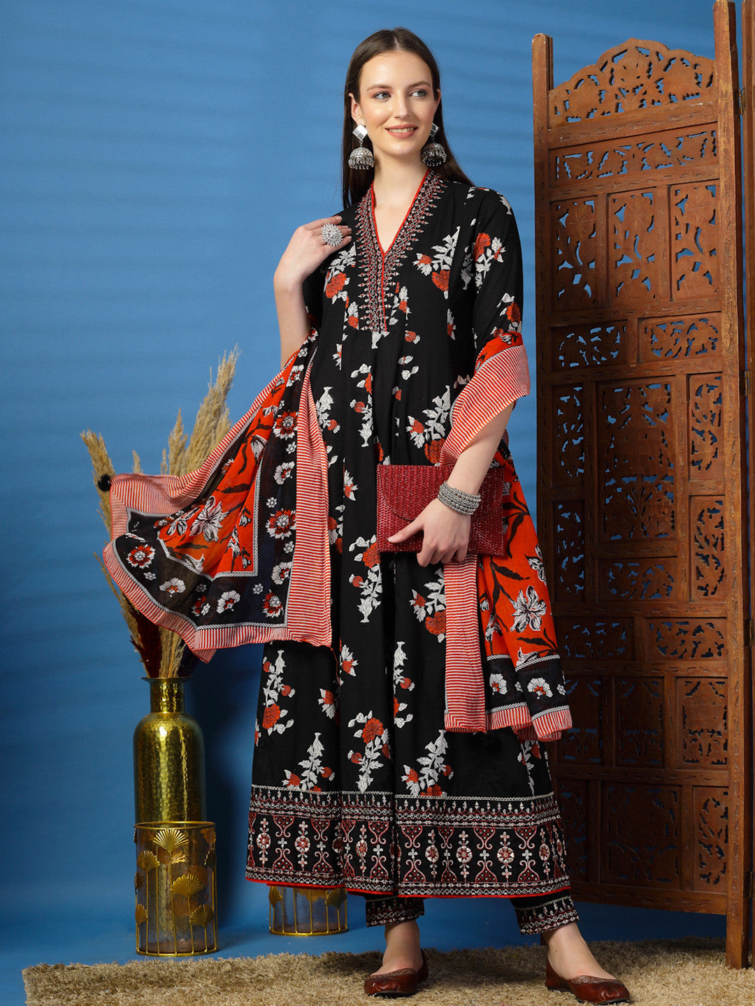 Floral Printed Thread Work Pure Cotton Anarkali Kurta with Trousers & Dupatta