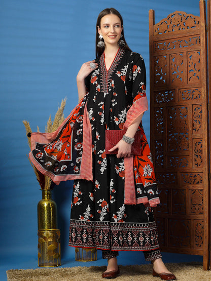 Floral Printed Thread Work Pure Cotton Anarkali Kurta with Trousers & Dupatta