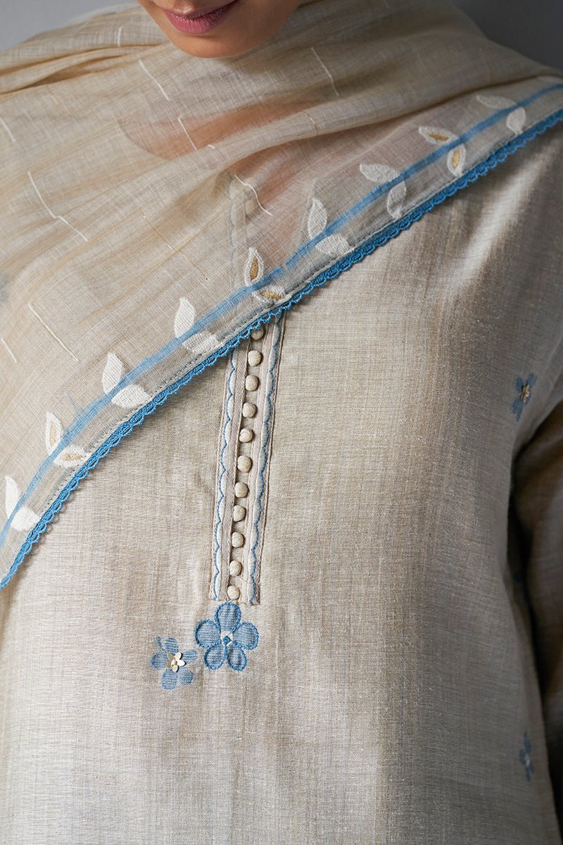 Women's Beige Woven Kurta Suit Set With Delicate Hand Work Detailing
