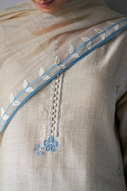 Women's Beige Woven Kurta Suit Set With Delicate Hand Work Detailing
