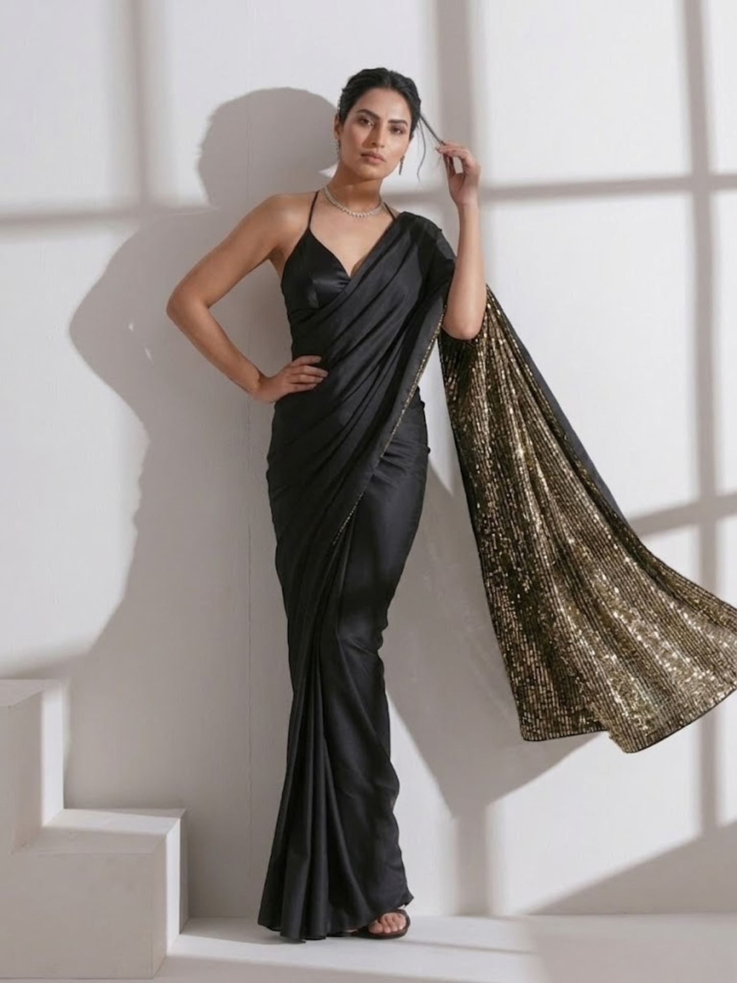Dhiyona ST Black Surprise Saree with Gold Sequin and Black Blouse Fabric
