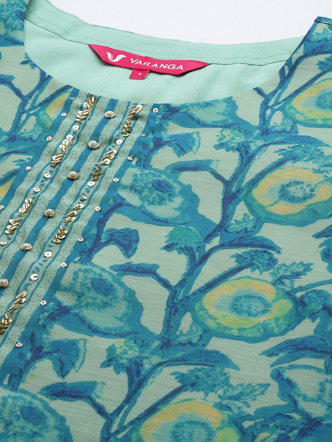 Sea Green Sea Green Floral Printed Hand work Kurta with Trousers & Dupatta
