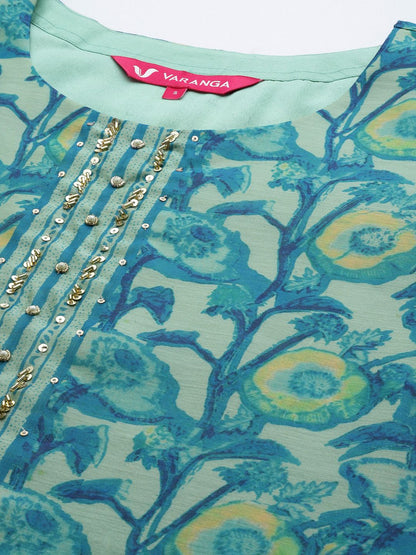 Sea Green Sea Green Floral Printed Hand work Kurta with Trousers & Dupatta