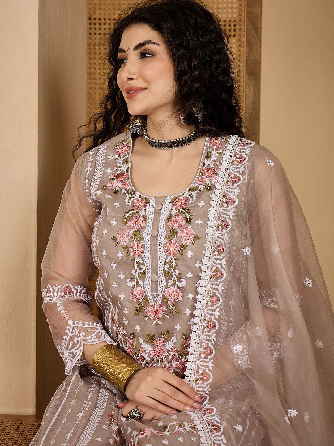 Embroidered Kurta With Trousers & Embroidered Dupatta