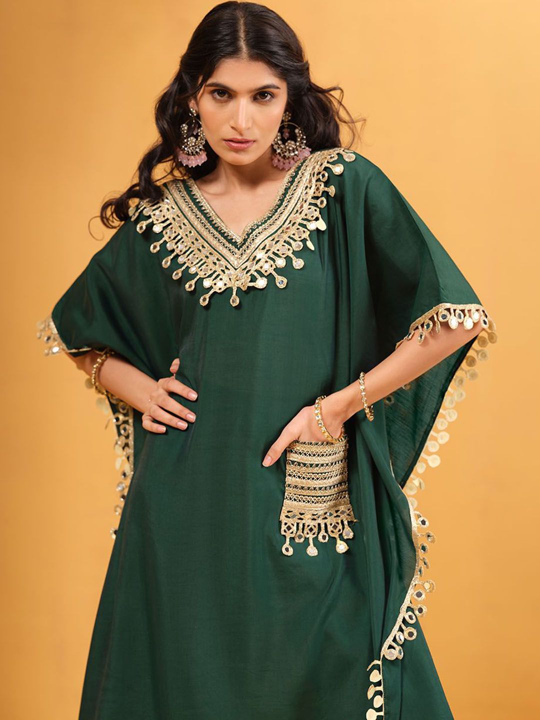 Dhiyona IS Women's Women Solid Embroidered Kaftan Kurta with Trousers