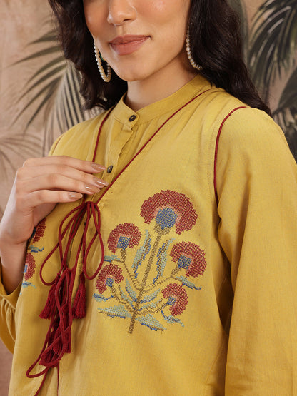 Pintucks Cotton-Linen Straight Kurti with Palazzos and Embroidered Waistcoat