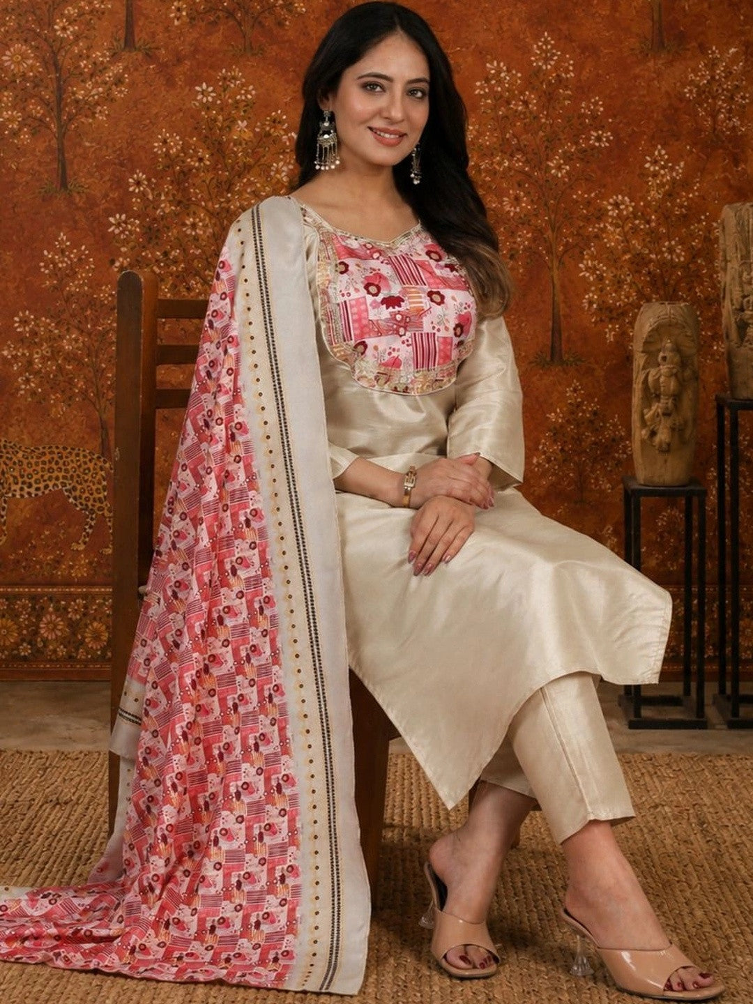 Women Ethnic Motifs Embroidered Regular Thread Work Kurta with Trousers & With Dupatta