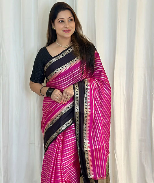 Dhiyona HH Soft Pink with Black Banarasi Soft Katan Georgette Saree | Soft & Versatile