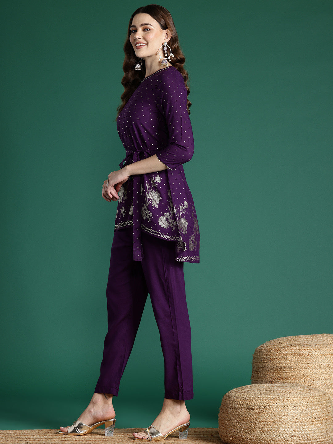 Floral Printed Regular Gotta Patti Kurti With Trousers