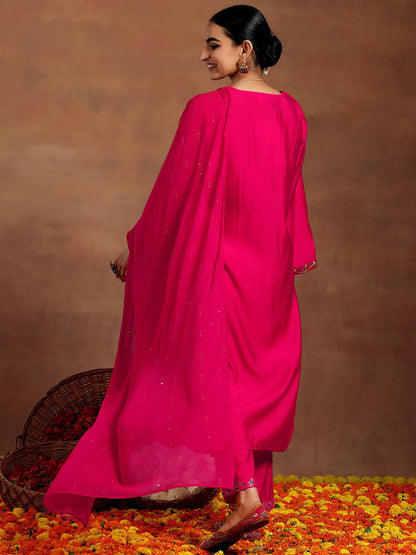 Ethnic Motifs Embroidered Sequinned V-Neck Straight Kurta With Trouser & Dupatta
