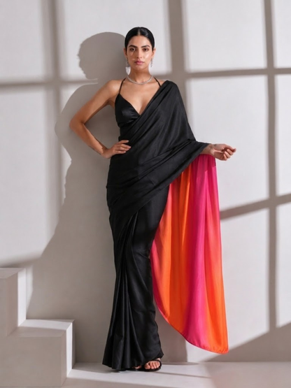 Dhiyona ST Black Surprise Saree with Pink Orange Satin and Black Blouse Fabric