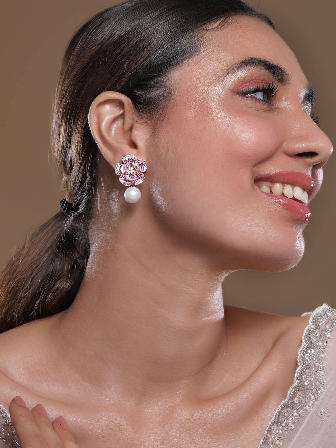 Dhiyona RJ Women's 22K Rose Gold-Plated RubyPink AD & Cubic Zirconia Studded Floral Pearl Drop Earring