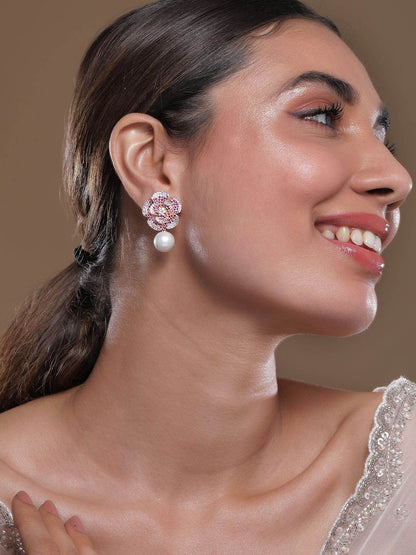 Dhiyona RJ Women's 22K Rose Gold-Plated RubyPink AD & Cubic Zirconia Studded Floral Pearl Drop Earring