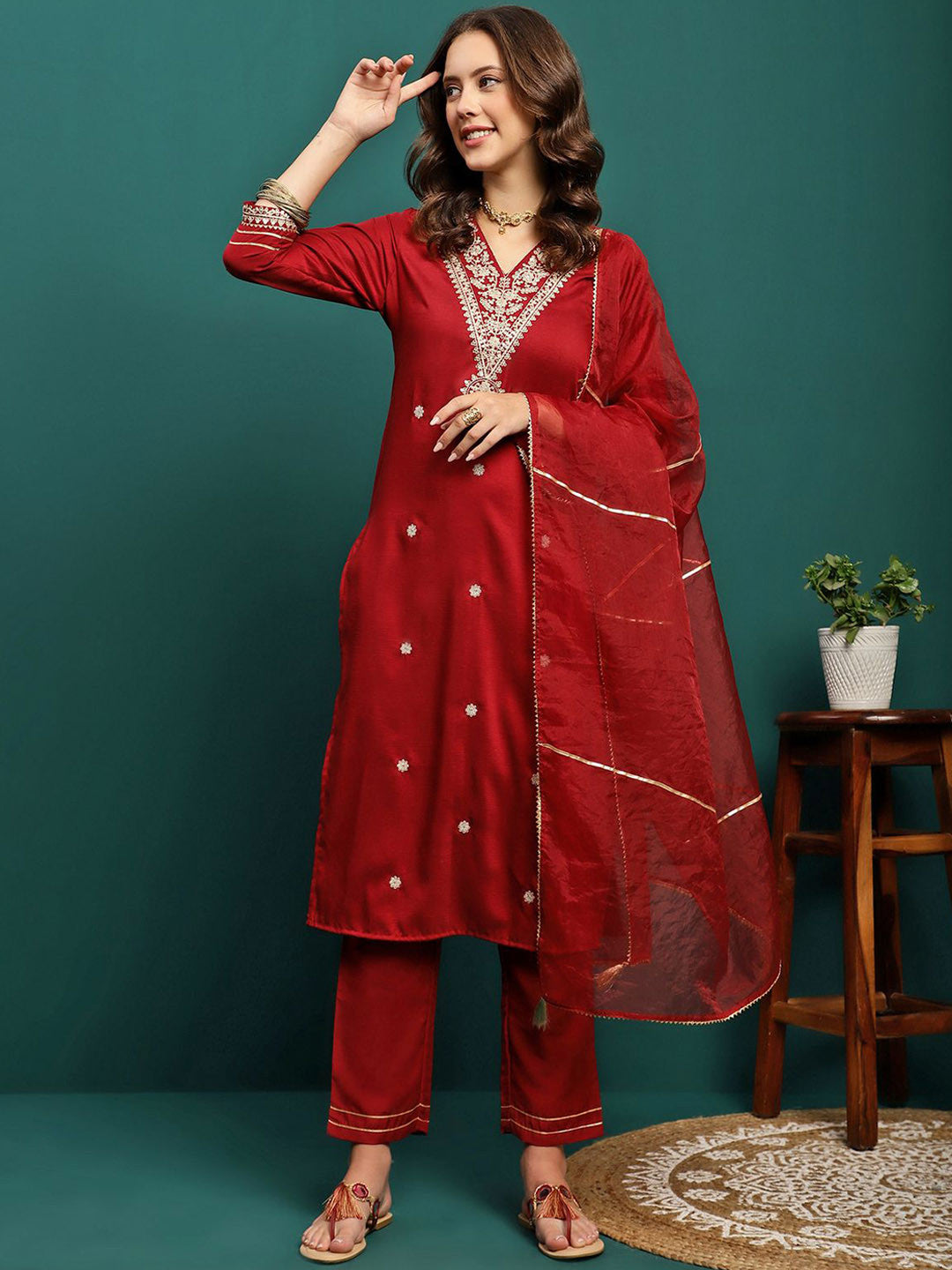 Women Embroidered V-Neck Kurta With Trouser & Dupatta