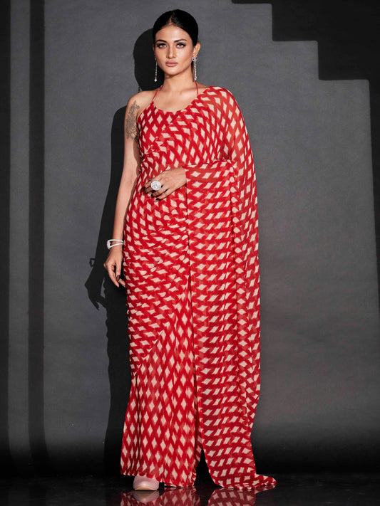 Dhiyona TI Women's Ready To Wear Red Geometric Printed Saree with Unstitched Blouse