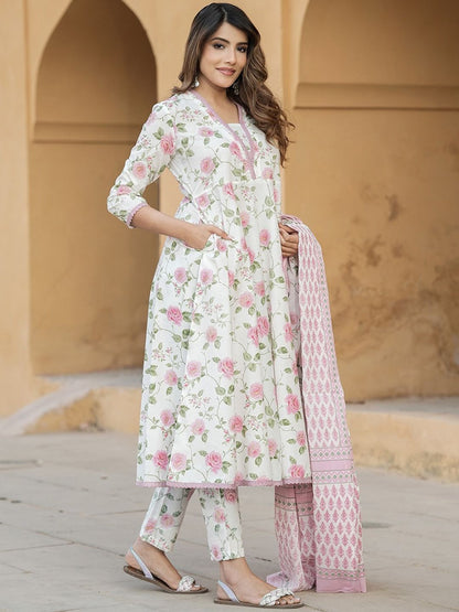 Dhiyona KL V Neck Floral Printed Cotton Anarkali Kurta with Trouser & Dupatta